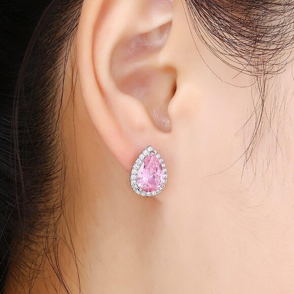 Women's Teardrop Dainty Birthstone Cubic Zirconia Light Pink Elegant Earring - Picture 3 of 6